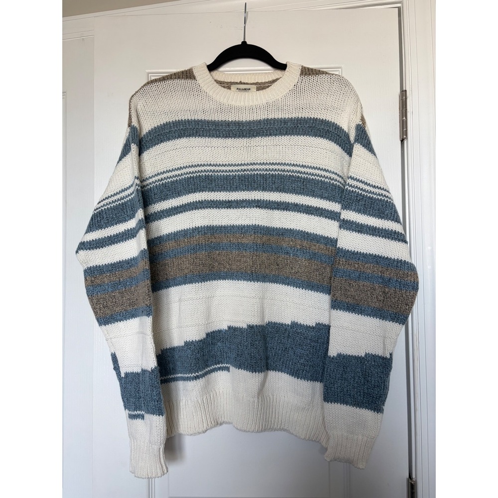 Pull&Bear Mens Striped Crewneck Sweater Blue Cream Brown Size Medium